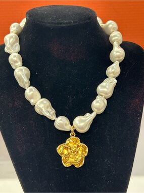 J. Crew beautiful faux baroque pearl statement necklace with gold plated flower
